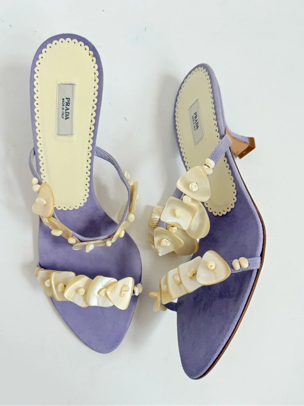 Rare 2003 Prada Archive Glicine Shell Embellished Suede Kitten Heel Mules EU 37